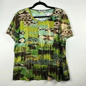 NYGARD COLLECTION SZ L GREEN BROWN GOLD ORANGE YELLOW SHIMMERY SHORT SLEEVE TOP